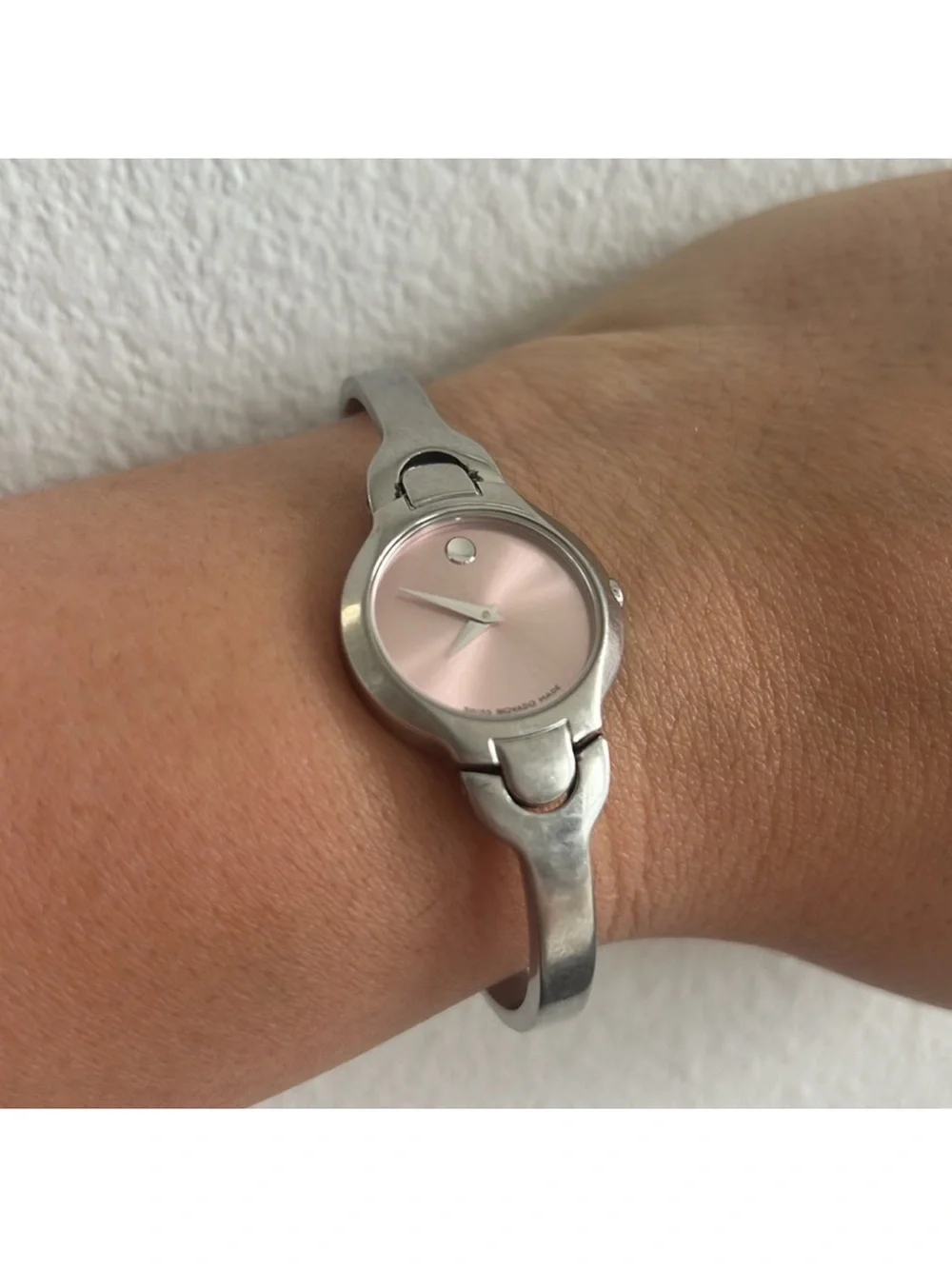 Movado Silver Bangle Watch with Pink Sunburst Dial